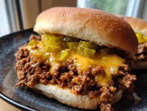 Close-up of a Big Mac Sloppy Joe sandwich on a bun, topped with melted cheese and pickles.