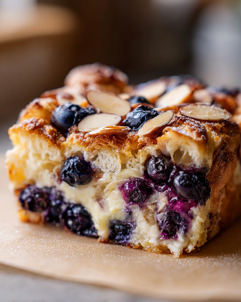 A close-up of a slice of Blueberry Almond Croissant Bake, showing layers of pastry, creamy filling, blueberries, and sliced almonds.