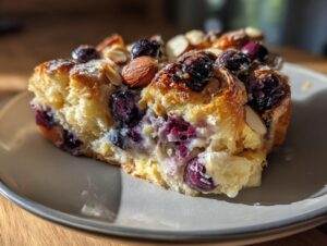 A delicious slice of Blueberry Almond Croissant Bake, showcasing fresh blueberries, almonds, and flaky pastry.