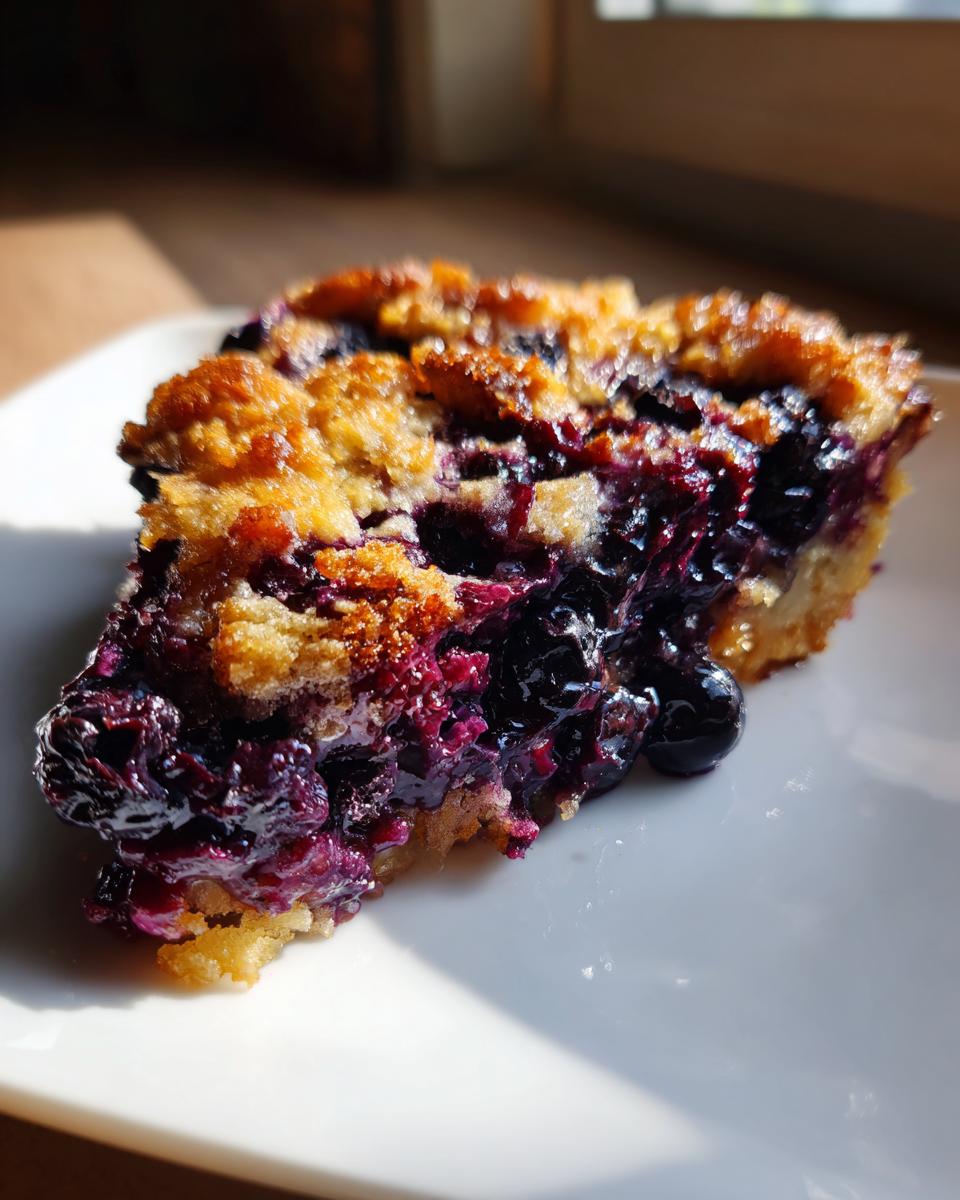 A close-up of a rustic slice of blueberry pecan cobbler on a white plate, showcasing the juicy blueberries and crumbly topping.