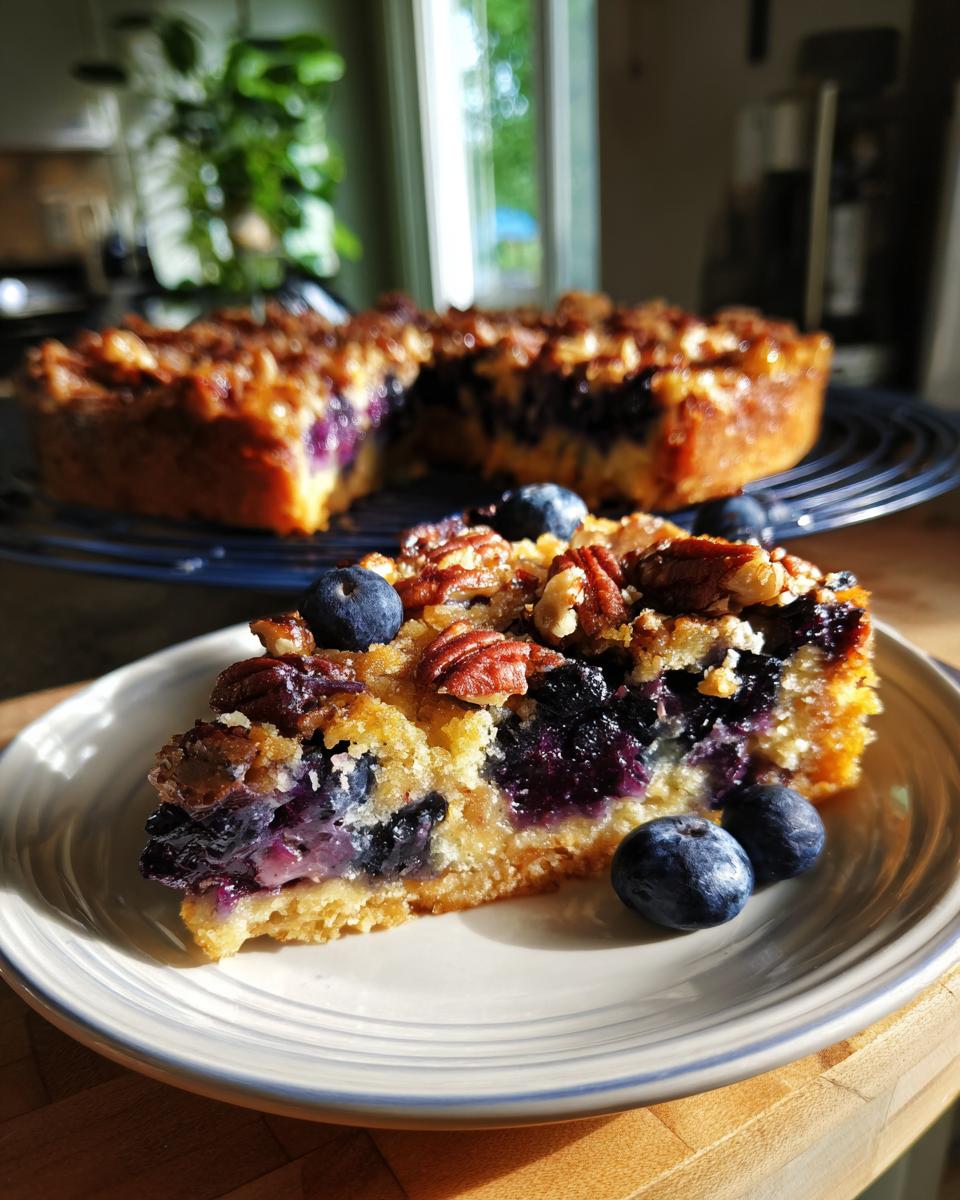 A slice of rustic blueberry pecan cobbler on a plate, topped with fresh blueberries and pecans.