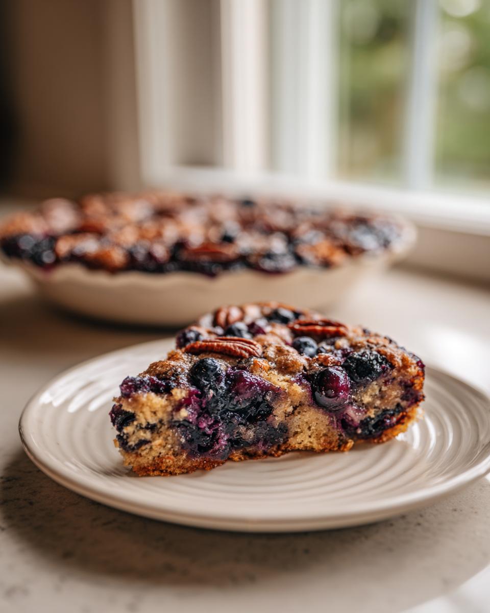 A slice of rustic Blueberry Pecan Cobbler on a plate, showcasing juicy blueberries and crunchy pecans.