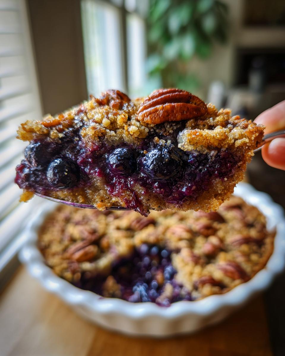 A spoonful of rustic Blueberry Pecan Cobbler, showing juicy blueberries and a crunchy pecan topping.