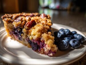 A delicious slice of rustic blueberry pecan cobbler served with fresh blueberries on a white plate.