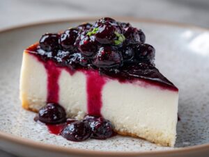 A slice of creamy Blueberry Vanilla Bean Panna Cotta topped with fresh blueberries and berry sauce.