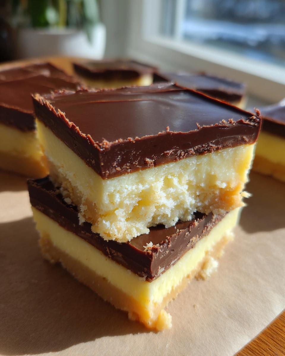 Close-up of two stacked Boston Cream Pie Fudge bars, showing layers of crust, creamy filling, and chocolate ganache.