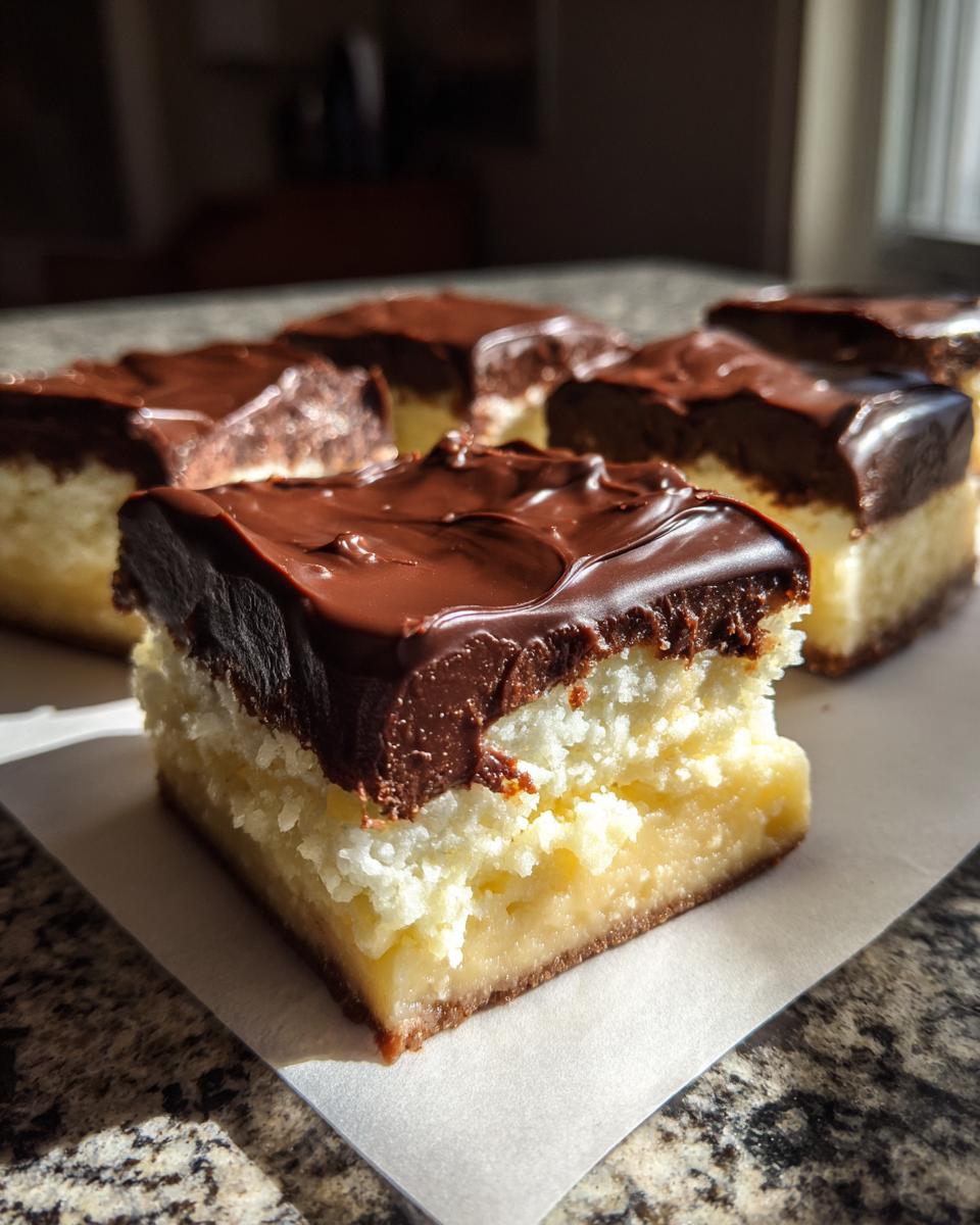 Close-up of a slice of Boston Cream Pie Fudge, featuring a creamy white layer and a rich chocolate glaze.