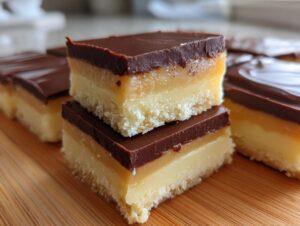 Close-up of layered Boston Cream Pie Fudge bars with a chocolate topping on a wooden board.