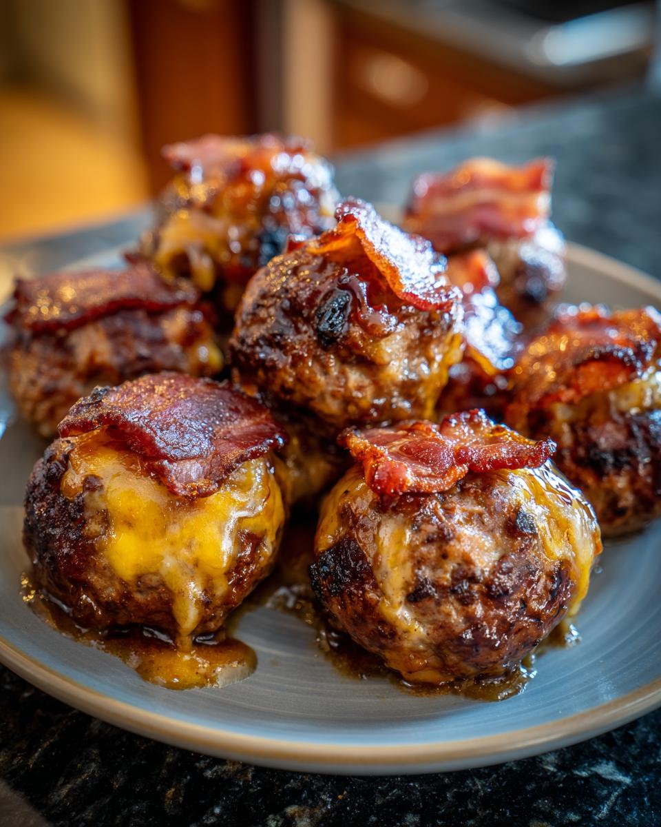 Close-up of delicious Bourbon Bacon Cheeseburger Meatballs topped with melted cheese and crispy bacon.