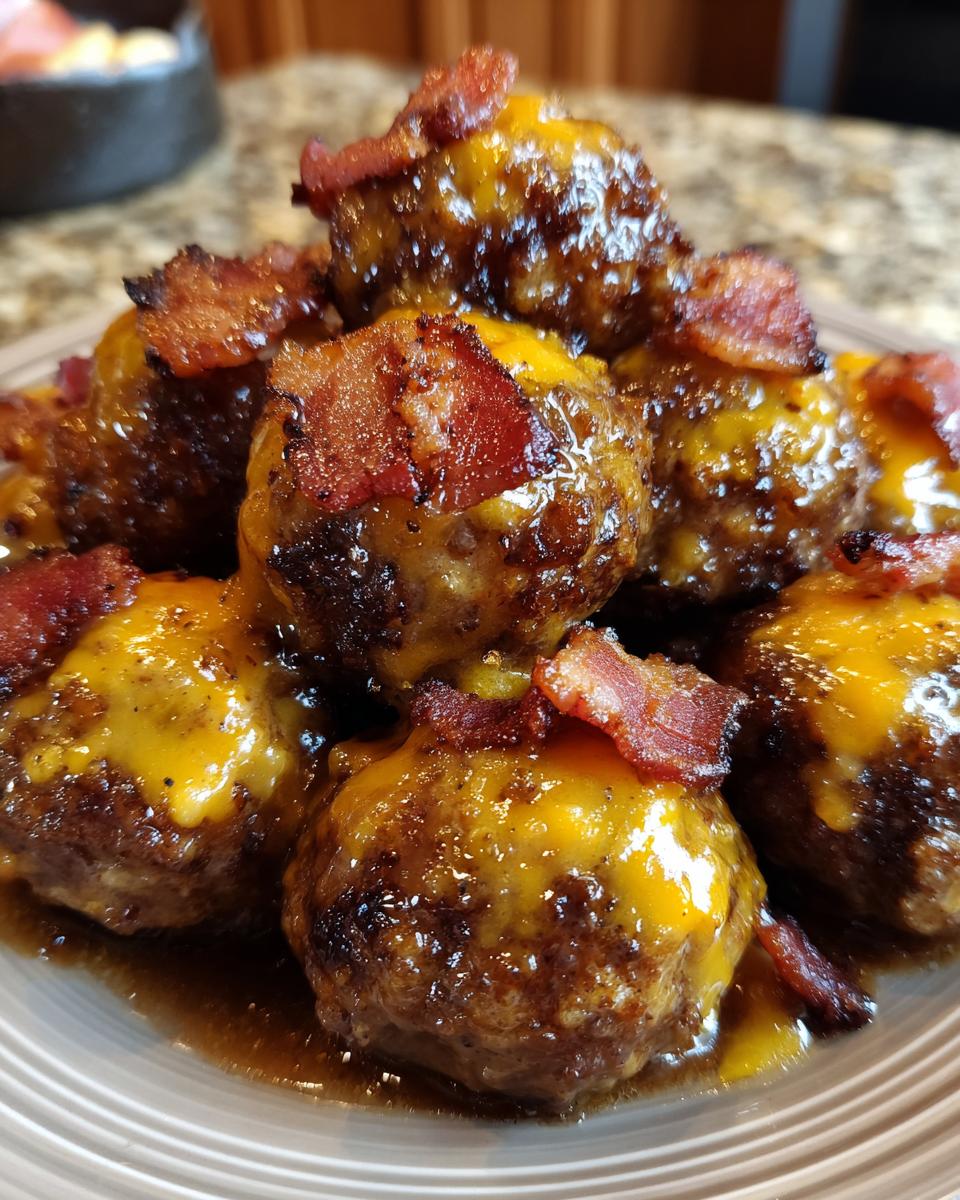 A close-up of delicious Bourbon Bacon Cheeseburger Meatballs topped with melted cheese and crispy bacon.