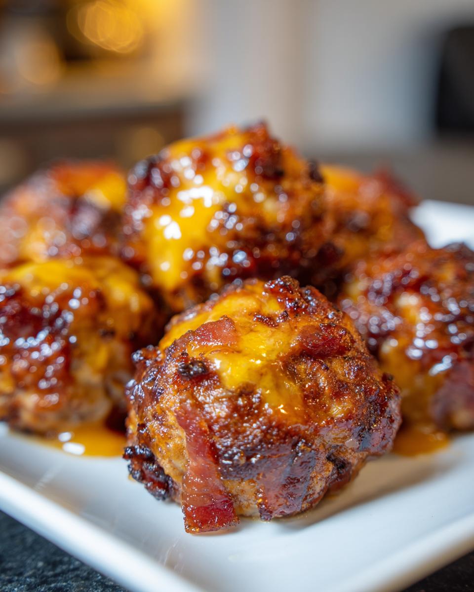 A close-up shot of several Bourbon Bacon Cheeseburger Meatballs on a white plate, glistening with sauce and topped with melted cheese and bacon.
