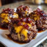 Close-up of four Bourbon Bacon Cheeseburger Meatballs topped with melted cheddar cheese and crispy bacon bits.
