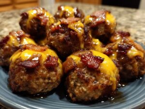 A close-up of several Bourbon Bacon Cheeseburger Meatballs topped with melted cheddar cheese and crispy bacon pieces.