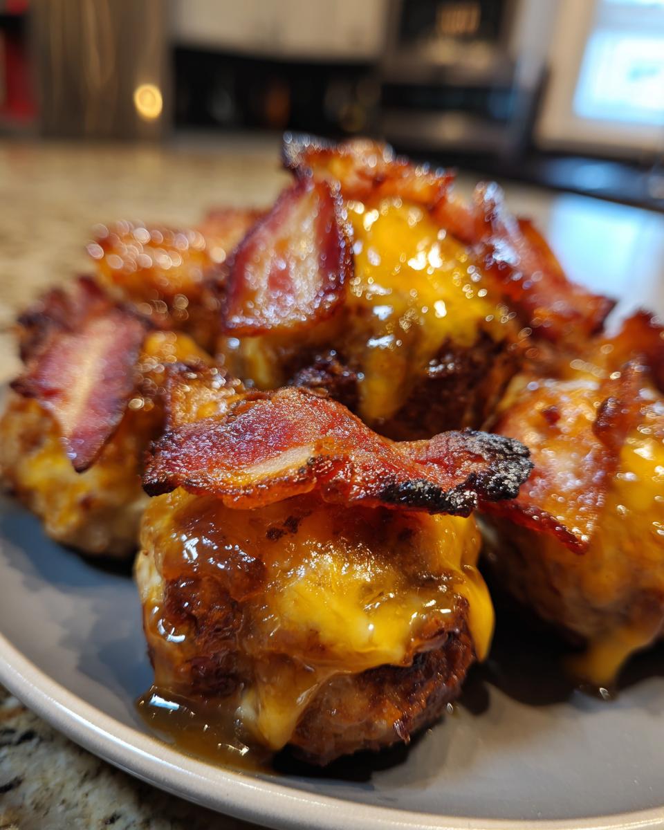 Close-up of delicious Bourbon Bacon Cheeseburger Meatballs topped with melted cheese and crispy bacon.