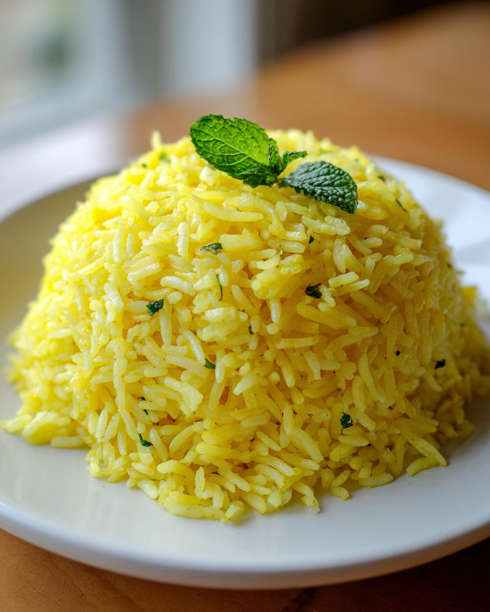 A perfectly molded serving of bright yellow turmeric rice garnished with fresh mint leaves on a white plate.