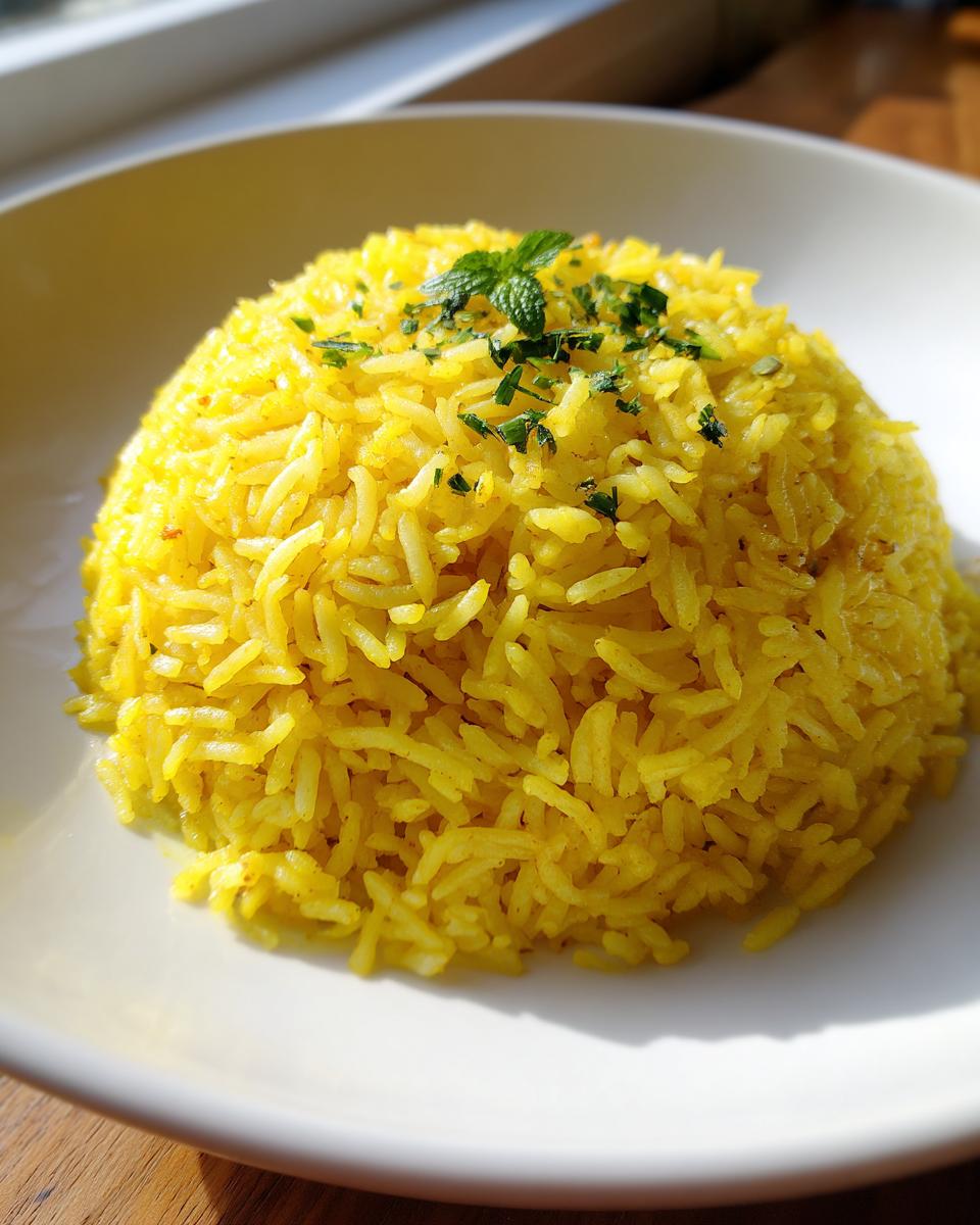 A perfectly molded serving of bright yellow turmeric rice, garnished with fresh mint and parsley.