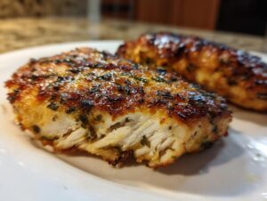 Close-up of juicy brined herb chicken breasts, showing tender white meat and a golden-brown, herb-crusted exterior.