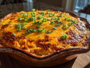 Close-up of a bubbling hot Buffalo chicken dip, topped with melted cheddar cheese and chopped green onions.