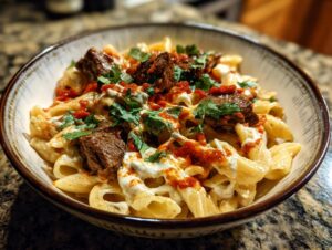 A close-up of Buffalo Chipotle Steak Pasta in a rustic bowl, featuring penne pasta, tender steak pieces, creamy sauce, and a sprinkle of cilantro.