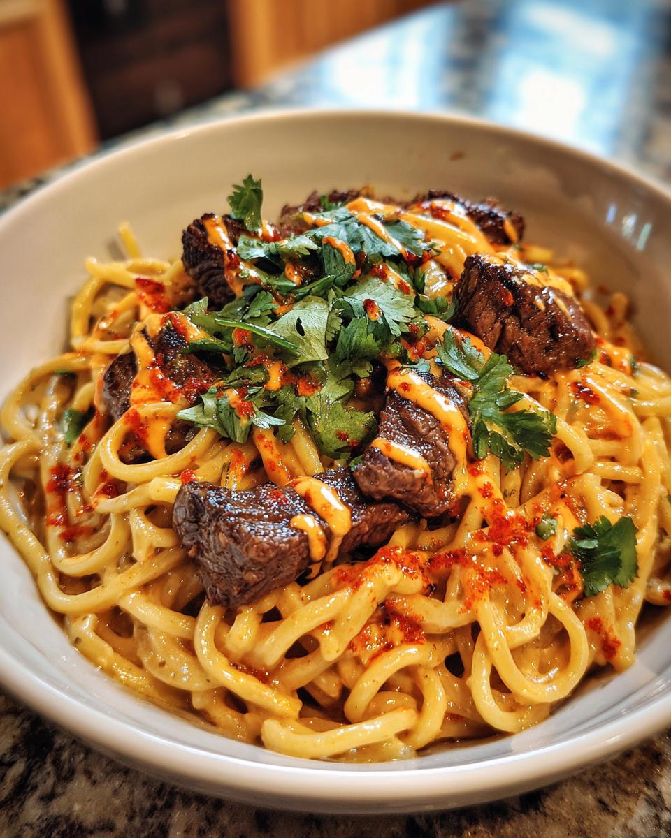 A bowl of Buffalo Chipotle Steak Pasta topped with steak, cilantro, and a drizzle of chipotle sauce.