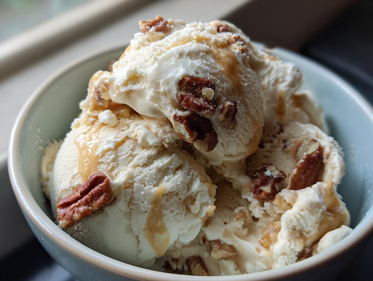 A close-up of a light blue bowl filled with scoops of creamy butter pecan ice cream, drizzled with caramel and studded with crunchy pecans.