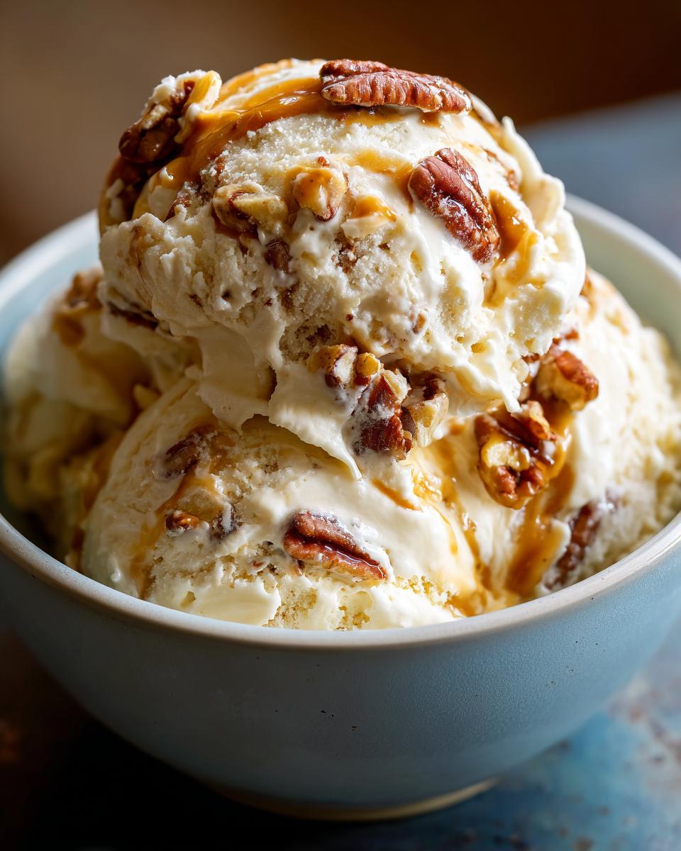 Close-up of creamy butter pecan ice cream in a blue bowl, drizzled with caramel and topped with whole pecans.