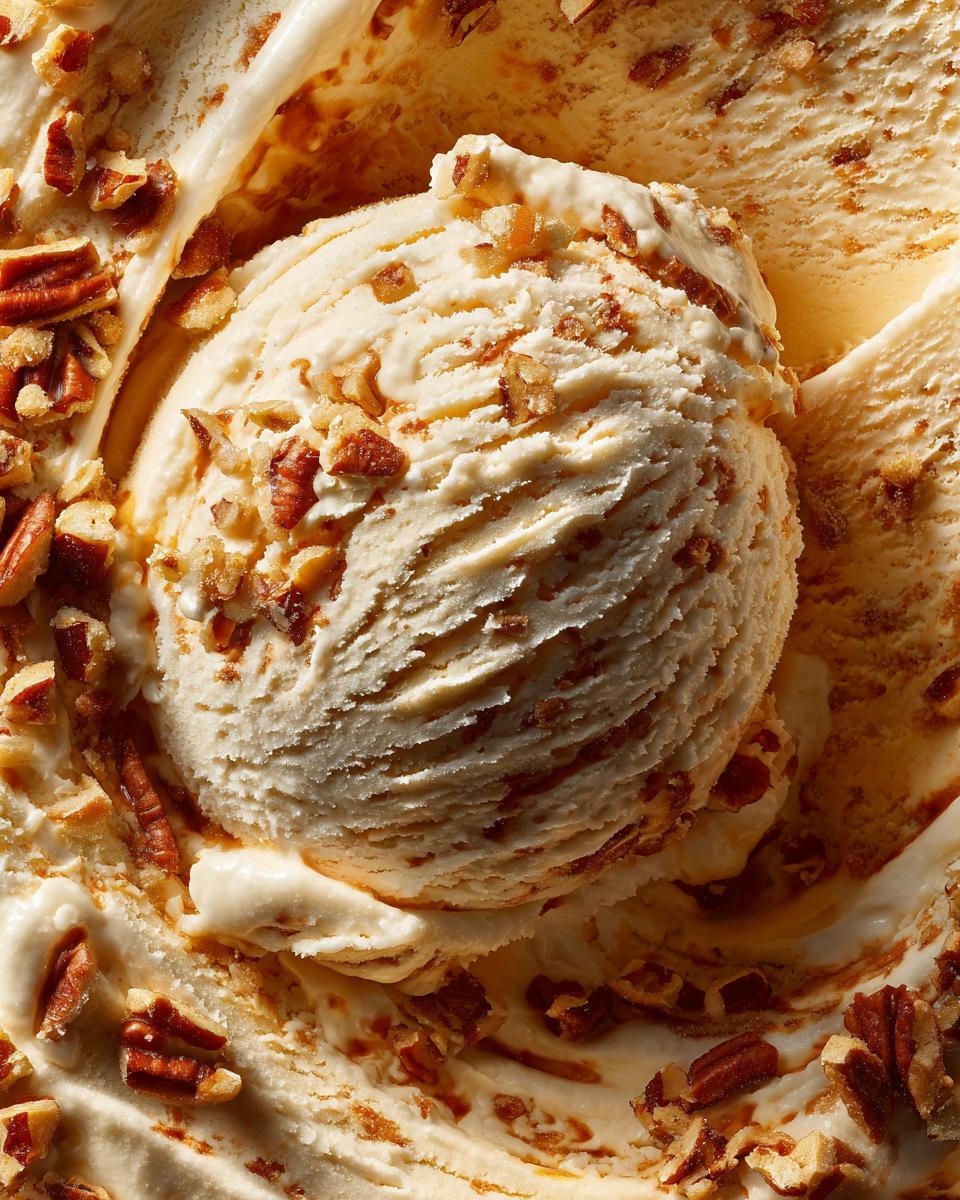 Close-up of a scoop of creamy butter pecan ice cream with visible pecan pieces throughout.