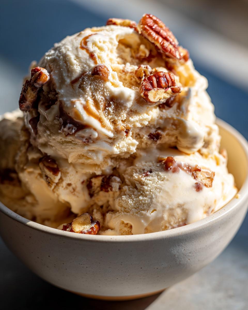Close-up of creamy butter pecan ice cream in a bowl, topped with whole pecans and caramel swirls.