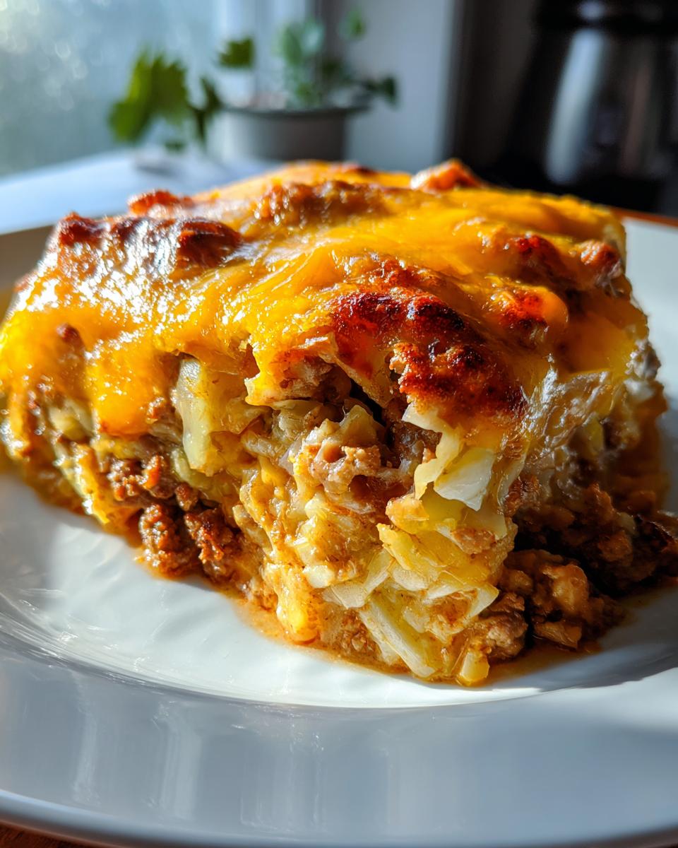 A hearty slice of cabbage beef bake topped with golden melted cheese, served on a white plate.