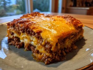 A close-up of a hearty slice of cabbage beef bake, featuring layers of ground beef and cabbage topped with melted, golden-brown cheese.