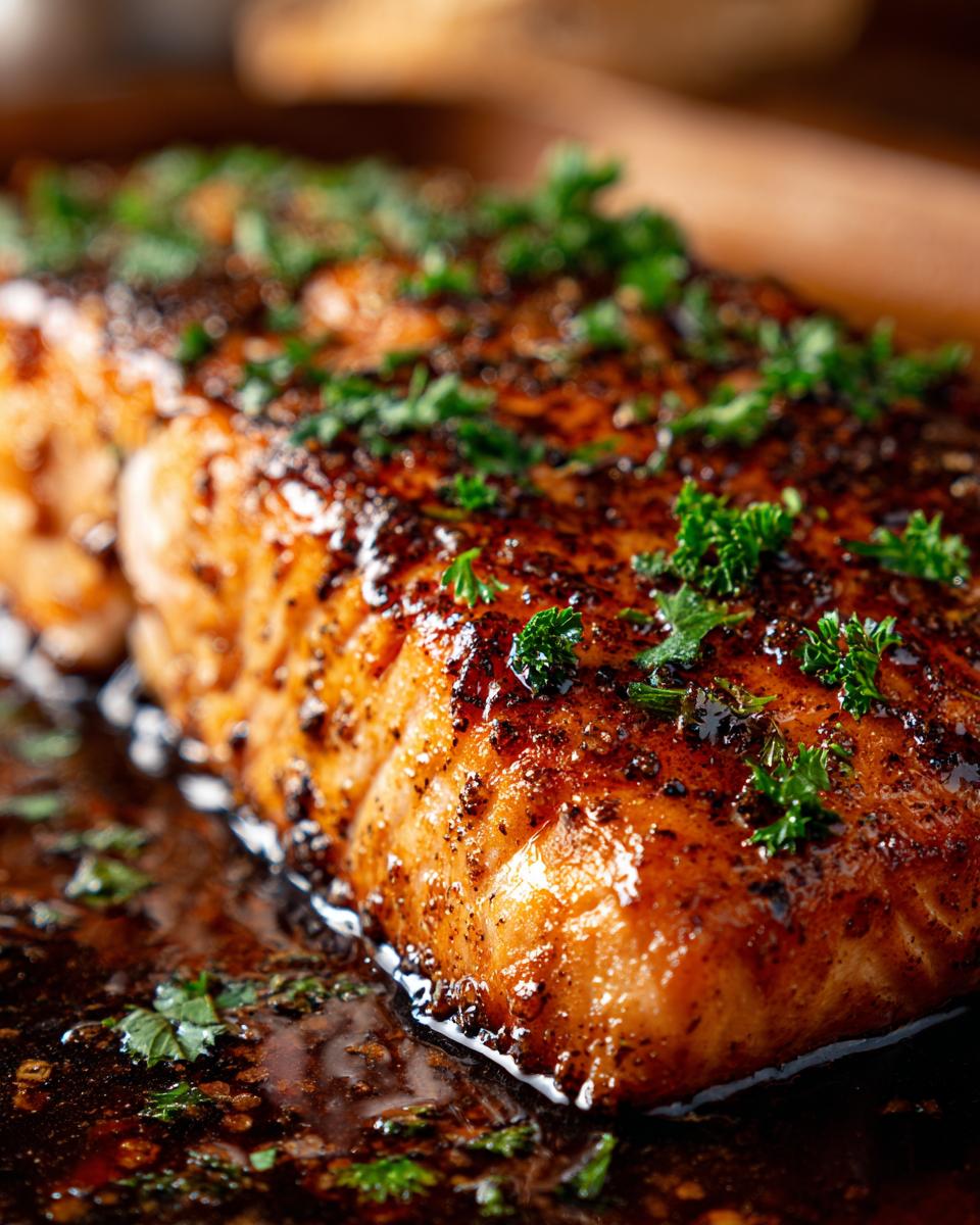 Close-up of a glistening Cajun honey butter salmon fillet, seasoned and garnished with fresh parsley.