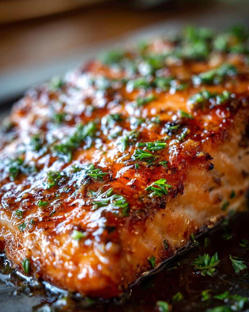 A close-up of a perfectly cooked Cajun honey butter salmon fillet, glistening with sauce and sprinkled with fresh parsley.