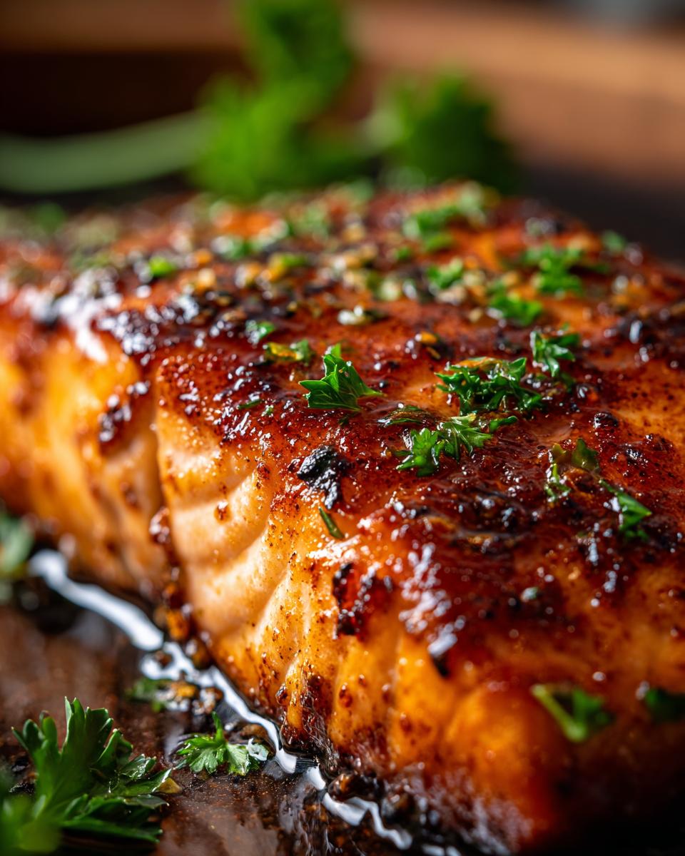 Close-up of a perfectly cooked Cajun honey butter salmon fillet, glistening with sauce and sprinkled with fresh parsley.