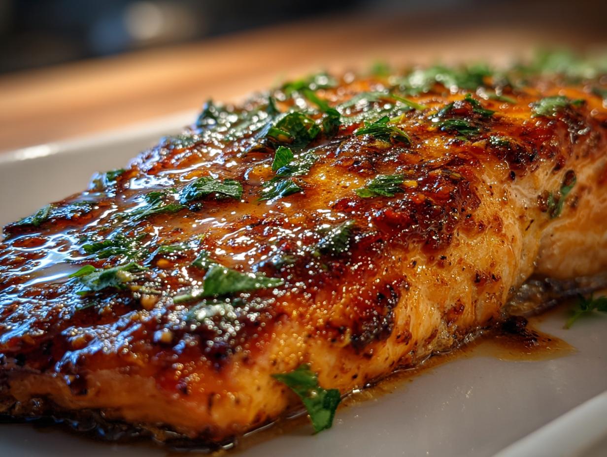 Close-up of a perfectly cooked Cajun honey butter salmon fillet, glistening with sauce and topped with fresh herbs.
