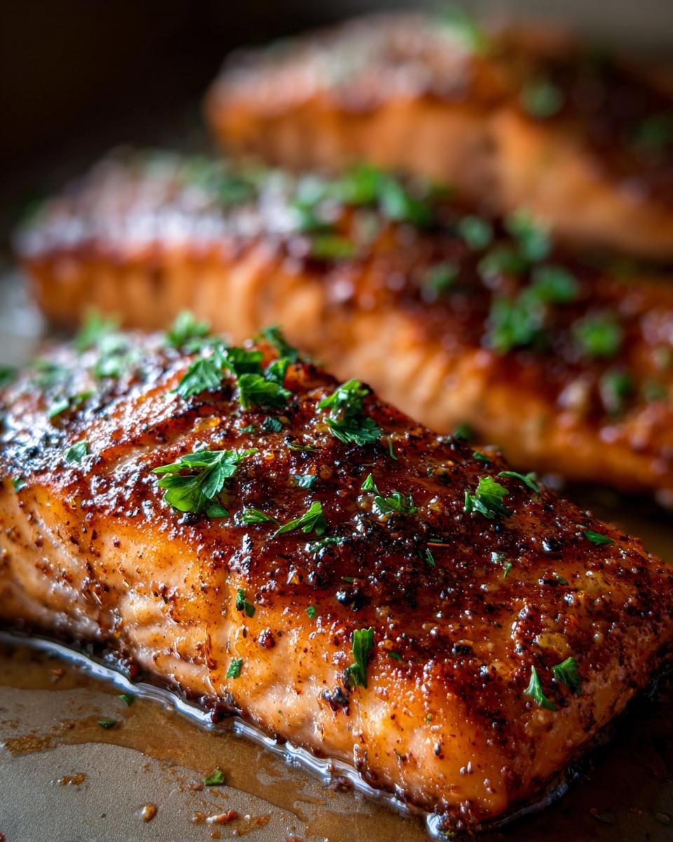 Close-up of perfectly cooked Cajun honey butter salmon fillets, glistening and topped with fresh parsley.