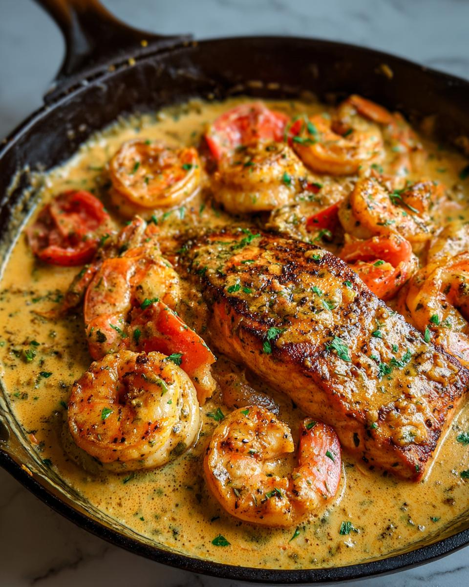 A close-up of a Cajun salmon and shrimp skillet dish in a creamy sauce, garnished with parsley and tomatoes.