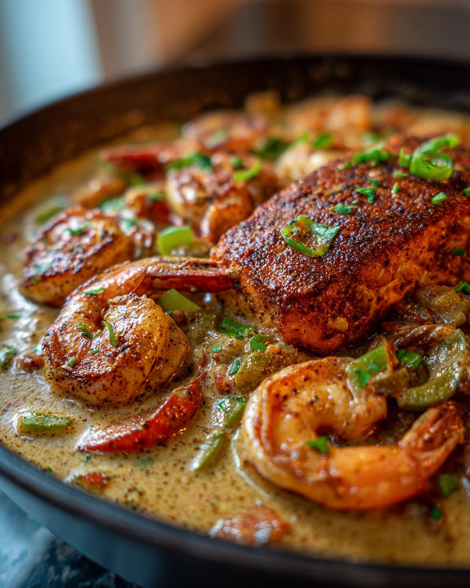 Close-up of a skillet filled with Cajun salmon and shrimp in a creamy sauce, garnished with green onions.