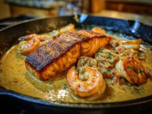 A close-up of a perfectly cooked salmon fillet and plump shrimp in a creamy cajun sauce in a cast iron skillet.