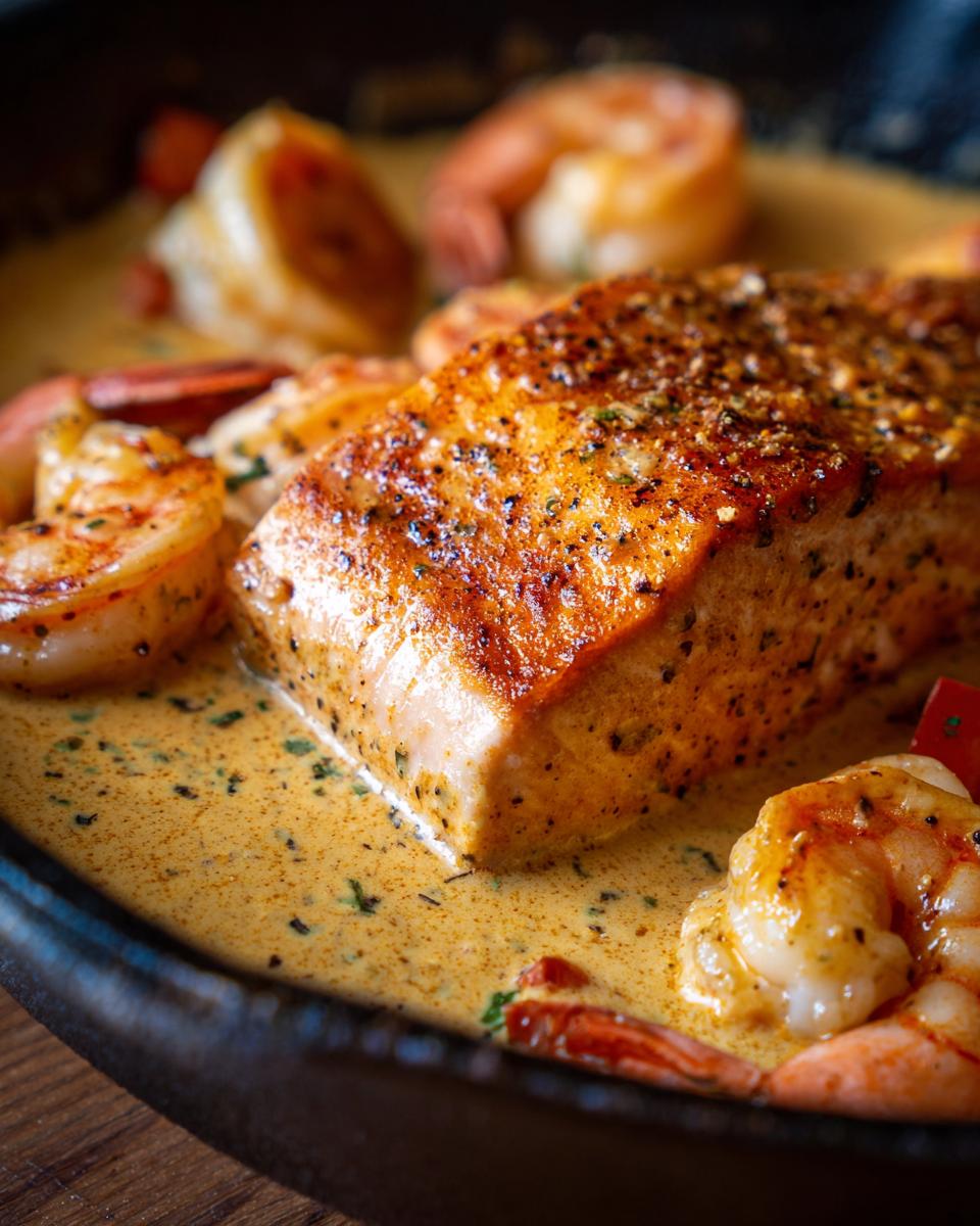 Close-up of a perfectly cooked piece of Cajun salmon and shrimp in a creamy sauce.