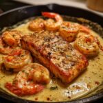 A close-up of a Cajun salmon and shrimp skillet, featuring a perfectly cooked salmon fillet surrounded by plump shrimp in a creamy sauce.