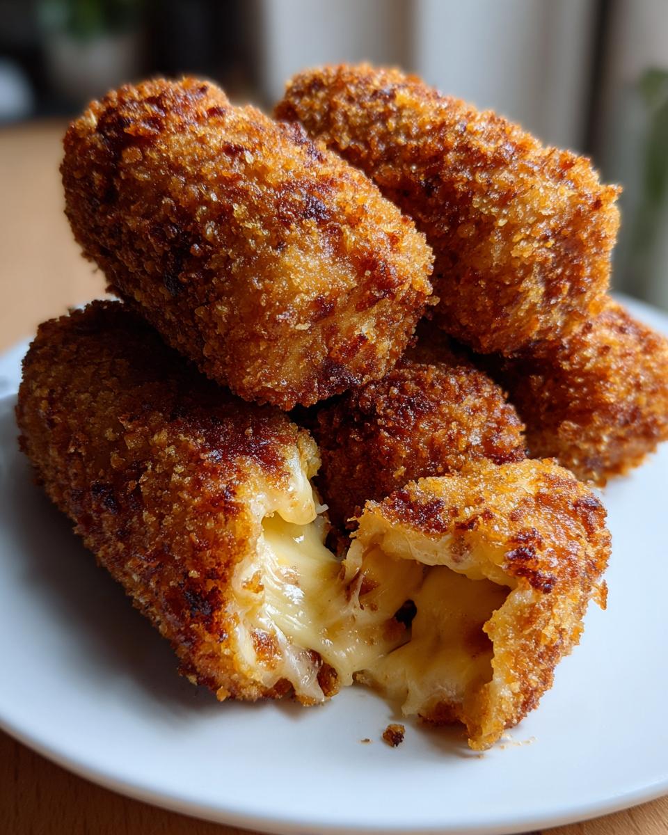 A stack of crispy, golden-brown potato croquettes, with one broken open revealing a molten, gooey cheese center.