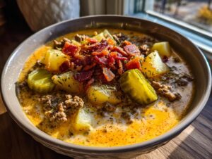 Close-up of a bowl of creamy cheeseburger soup recipe garnished with potatoes, bacon, and pickle slices.