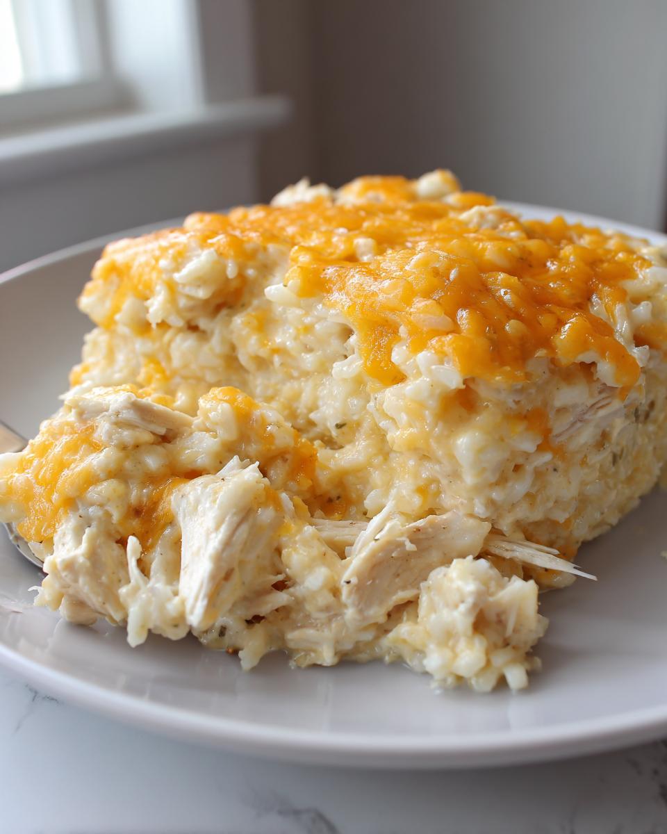 A generous serving of creamy cheesy chicken and rice casserole topped with melted cheddar cheese.