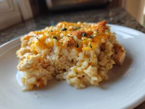 A close-up serving of creamy cheesy chicken and rice casserole topped with melted cheddar and parsley.