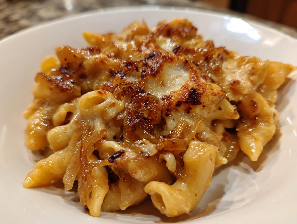 Close-up of a serving of creamy french onion pasta topped with melted, browned cheese.