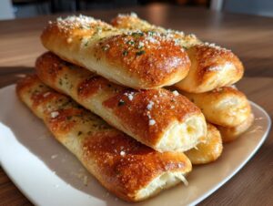 A stack of golden brown, cheesy garlic breadsticks topped with grated Parmesan cheese and parsley.
