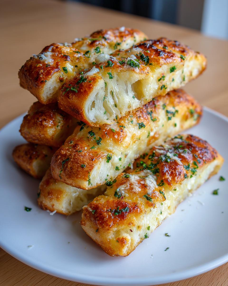 A stack of golden brown, cheesy garlic breadsticks topped with parsley, showing a soft, cheesy interior.