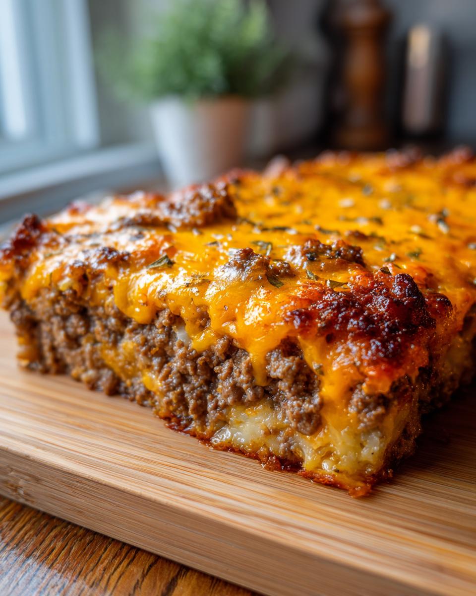 A hearty slice of cheesy ground beef and potato casserole, with melted cheddar cheese and seasoned ground beef layers.