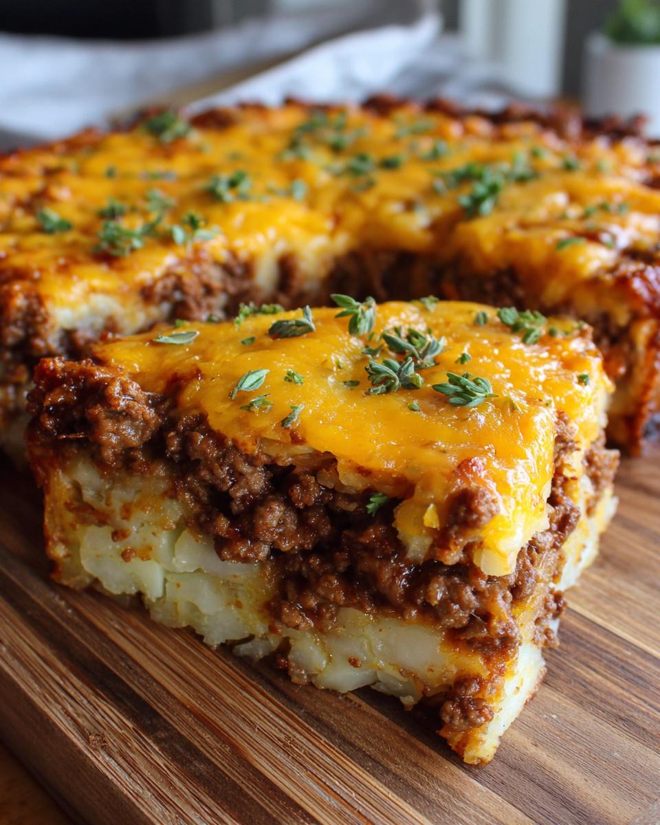 A slice of cheesy ground beef and potato casserole topped with melted cheddar cheese and fresh herbs.