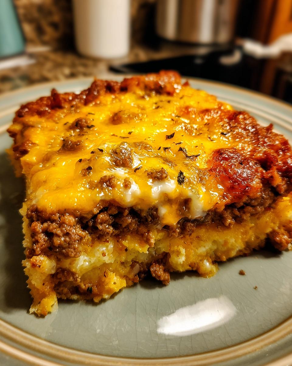 A delicious slice of cheesy ground beef and potato casserole, with melted cheese and seasoned beef.